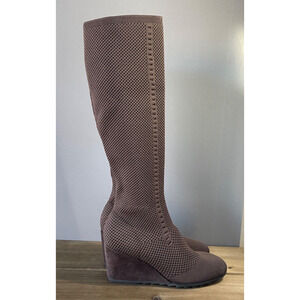 Elegant Brown Knit Knee-High Wedge Boots